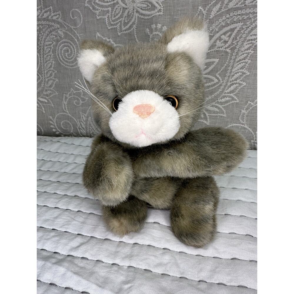 Cat Plush Bean Bag Stuffed Animal Hard Eyes Gray Striped Tabby 9” Whiskers